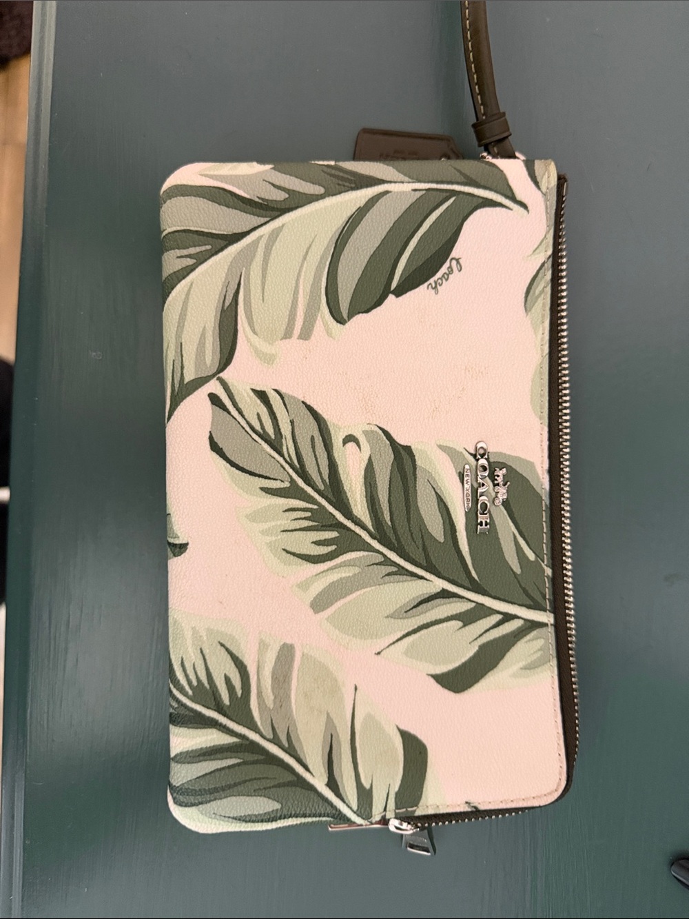 Coach Cream and Green Leaf-Print Zip Wristlet